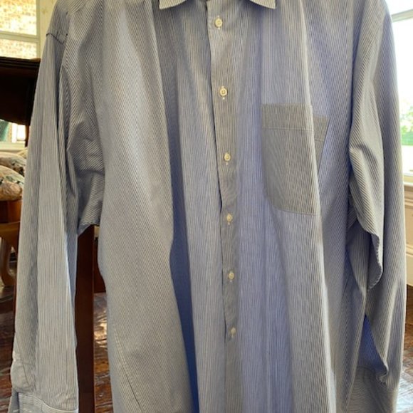 ALFANI * BLUE WHITE Stripe DRESS SHIRT * cufflinks * Chest Pocket * 16.5 * 32-33 - Picture 2 of 11